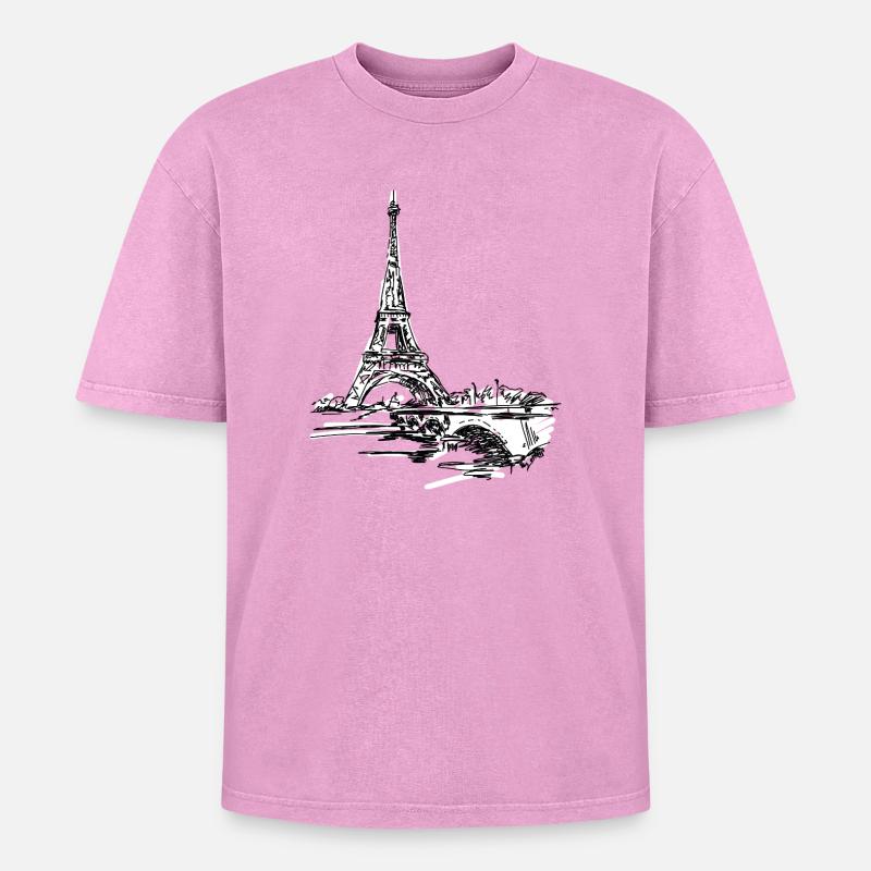 Paris Skyline: Sketchy Eiffel Tower - Oversized Unisex Premium Acid-Washed T-Shirt - acid washed pink
