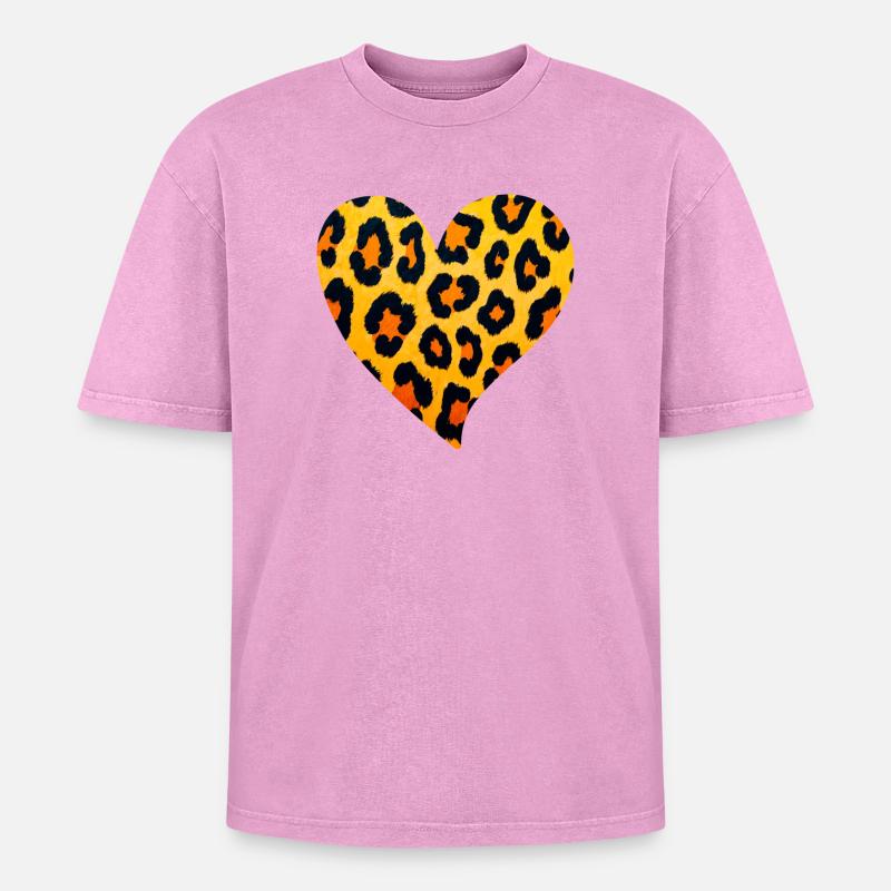 Leopard Heart Pattern - Oversized Unisex Premium Acid-Washed T-Shirt - acid washed pink