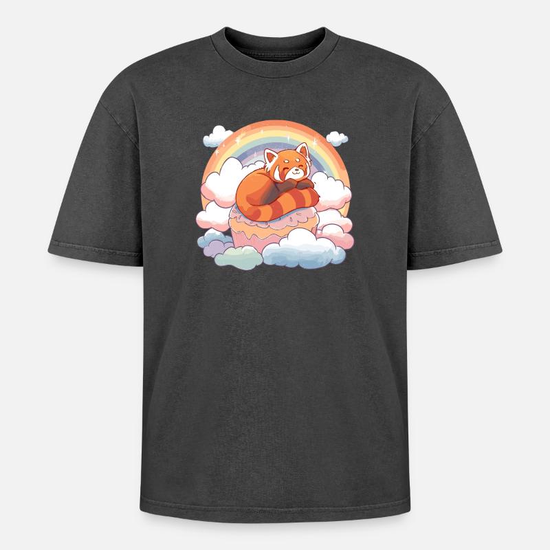 Red Panda in Rainbow Cloud Cake - Oversized Unisex Premium Acid-Washed T-Shirt - undefined