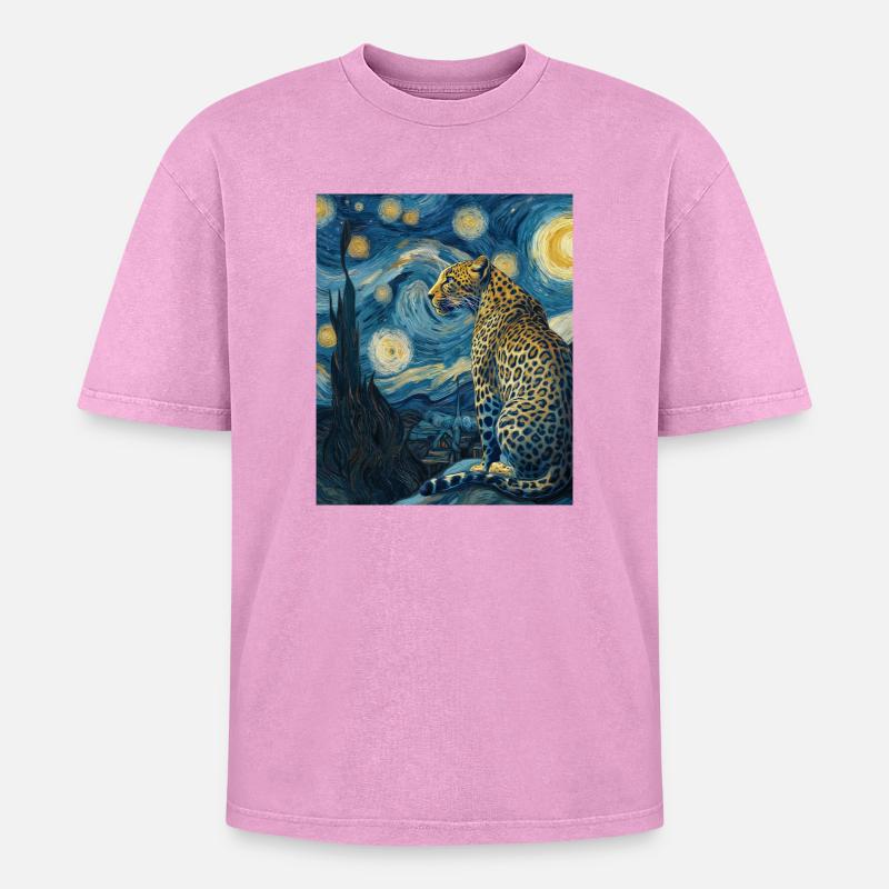 Leopard Van Gogh - Oversized Unisex Premium Acid-Washed T-Shirt - Pink Acid Wash