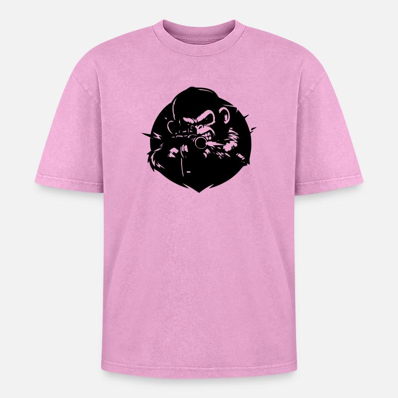 Monkey with Rifle - Oversized Unisex Premium Acid-Washed T-Shirt - acid washed pink