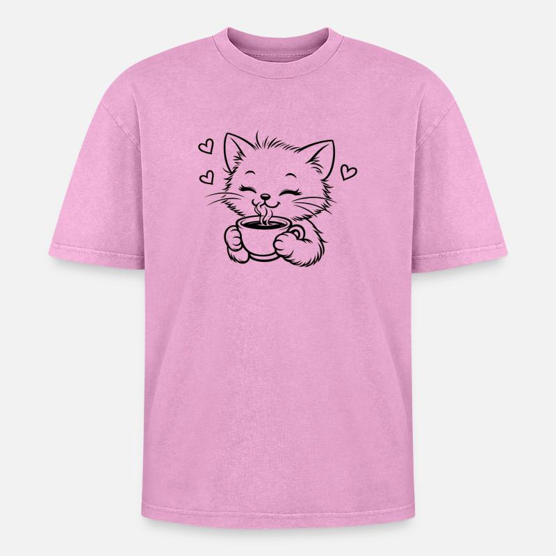 Kitten drinks coffee cuddle magic - Oversized Unisex Premium Acid-Washed T-Shirt - acid washed pink