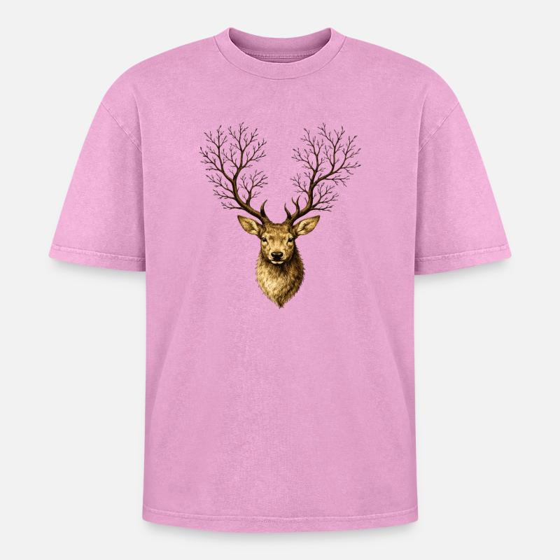 Hirschkopf mit Baumgeweih – Mystischer Waldgeist - Oversized Unisex Premium Acid-Washed T-Shirt - Pink Acid Wash