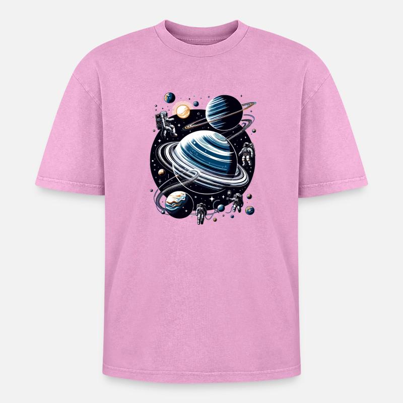 Ringed planet orbit: Astronauts - Oversized Unisex Premium Acid-Washed T-Shirt - acid washed pink