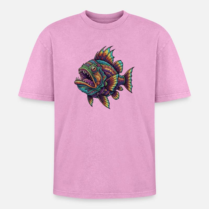 Rainbow Fish with Pattern - Oversized Unisex Premium Acid-Washed T-Shirt - acid washed pink