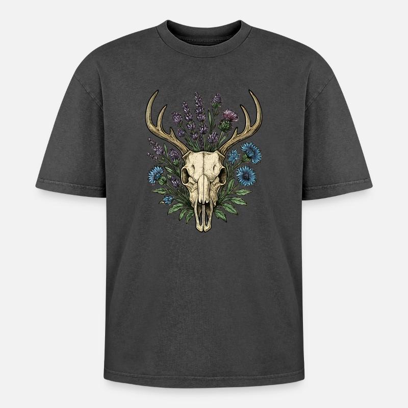 Hirschknochen mit Blumenkranz - Oversized Unisex Premium Acid-Washed T-Shirt - undefined
