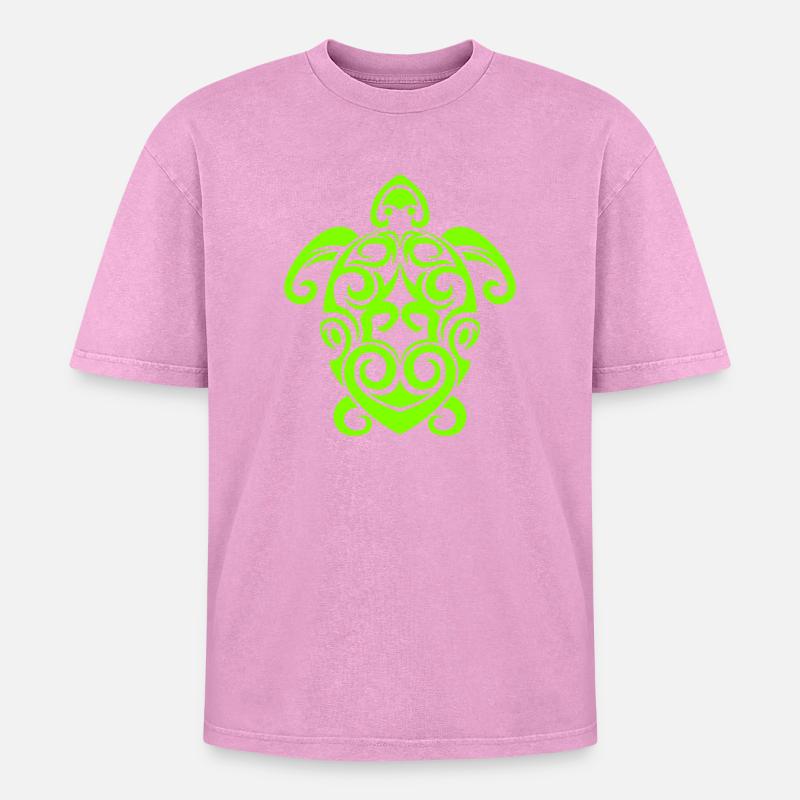 Glowing Turtle Tribal Pattern - Oversized Unisex Premium Acid-Washed T-Shirt - acid washed pink
