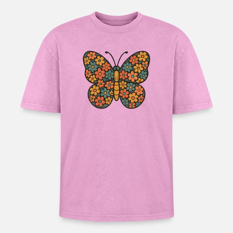 Flower Butterfly Pattern - Oversized Unisex Premium Acid-Washed T-Shirt - acid washed pink