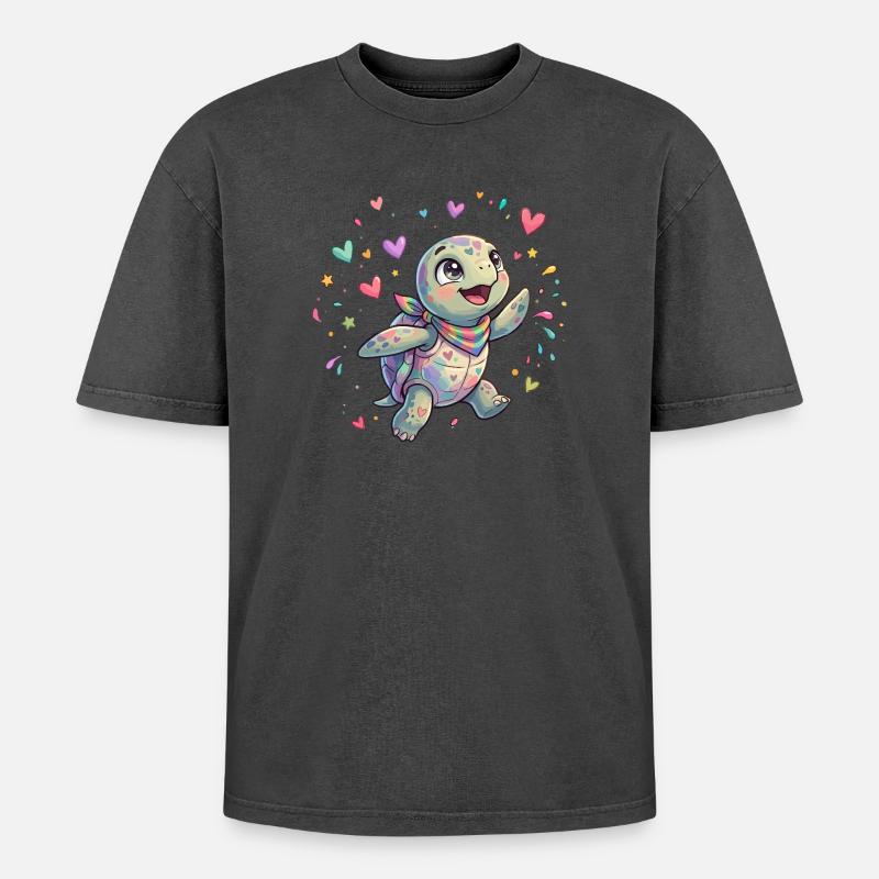Regenbogen Turtle mit Herzmustern - Oversized Unisex Premium Acid-Washed T-Shirt - Pink Acid Wash