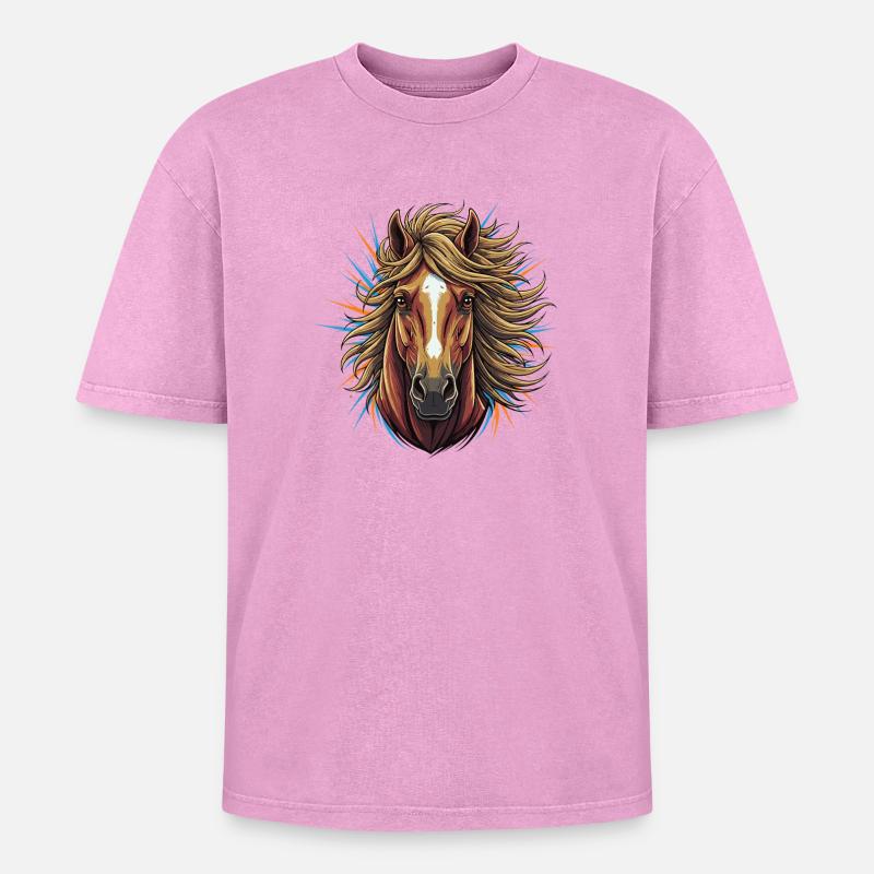 Pferdekopf Neon-Explosion - Oversized Unisex Premium Acid-Washed T-Shirt - Pink Acid Wash