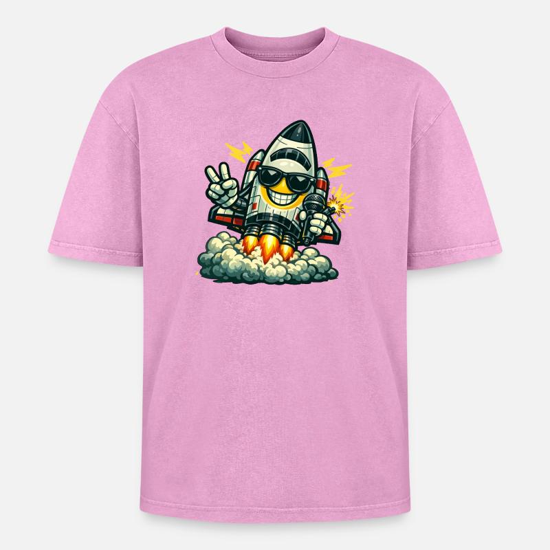 Space Rocket Duck with Microphone - Oversized Unisex Premium Acid-Washed T-Shirt - acid washed pink
