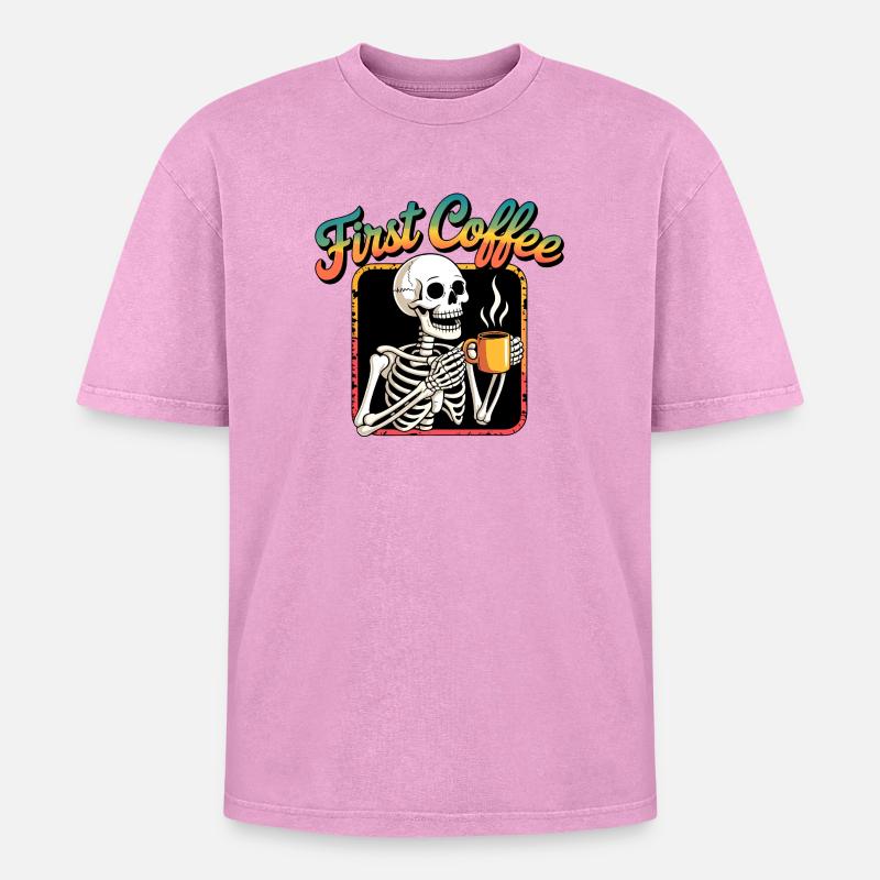 First Coffee Skeleton - Oversized Unisex Premium Acid-Washed T-Shirt - acid washed pink