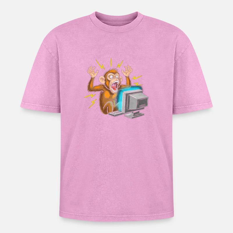 Monkey Computer Outbreak - Oversized Unisex Premium Acid-Washed T-Shirt - acid washed pink