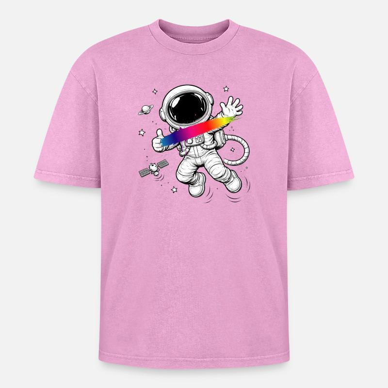 Astronaut Rainbow Splash Space Design - Oversized Unisex Premium Acid-Washed T-Shirt - acid washed pink