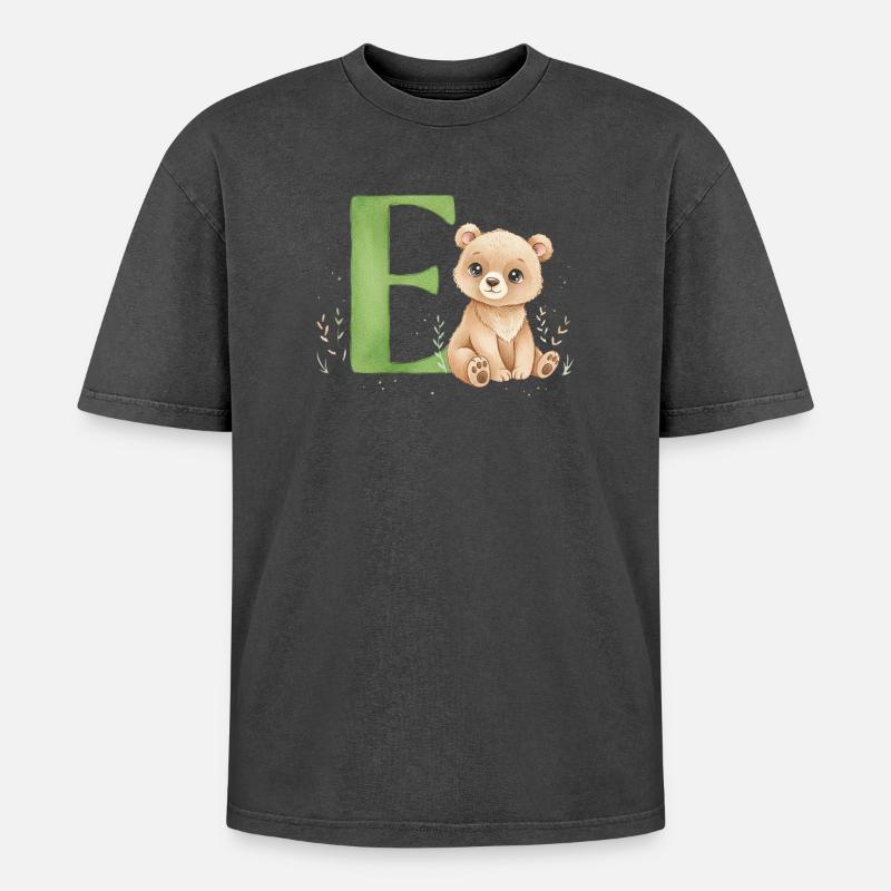 E mit Teddy: Verspielter Buchstabe E - Oversized Unisex Premium Acid-Washed T-Shirt - undefined
