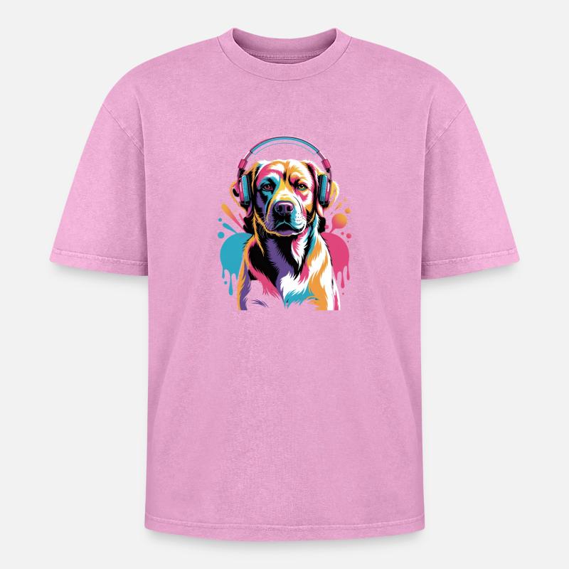 Labrador mit Kopfhörer - Oversized Unisex Premium Acid-Washed T-Shirt - Pink Acid Wash