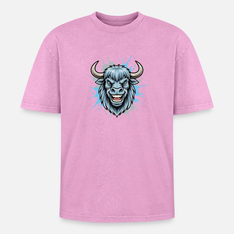 Blue Bison Head Splash - Oversized Unisex Premium Acid-Washed T-Shirt - acid washed pink