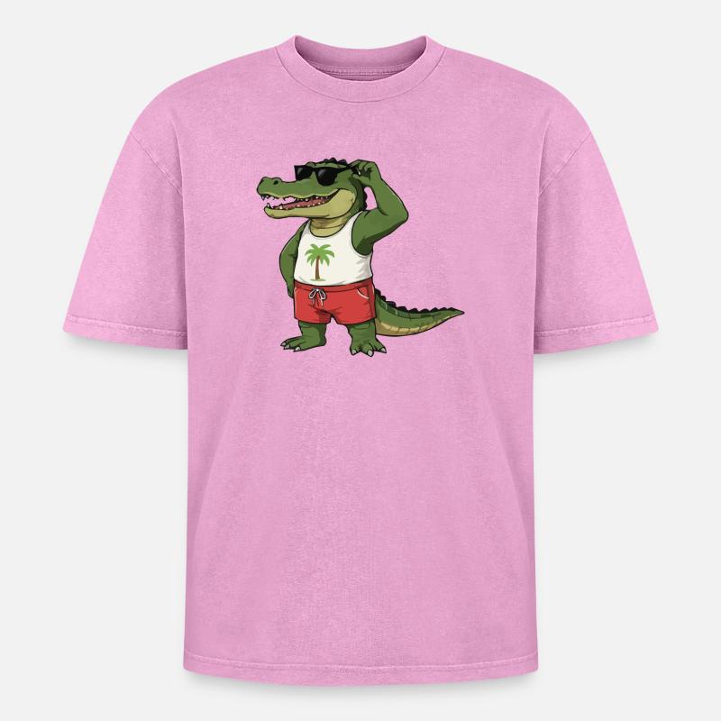 Crocodile Comic - Oversized Unisex Premium Acid-Washed T-Shirt - acid washed pink