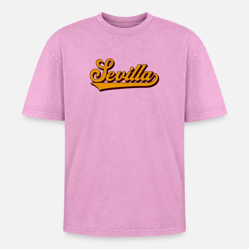 Sevilla Retro Script Yellow - Oversized Unisex Premium Acid-Washed T-Shirt - acid washed pink