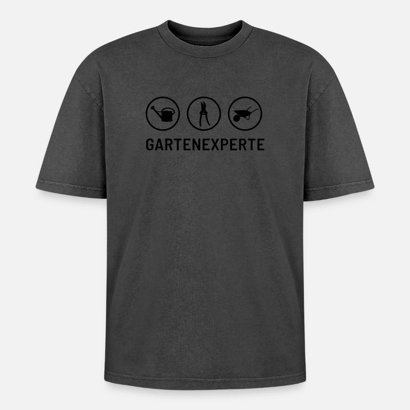 Gartenexperte: Gießkanne, Heckeschere, Schubkarre - Oversized Unisex Premium Acid-Washed T-Shirt - undefined