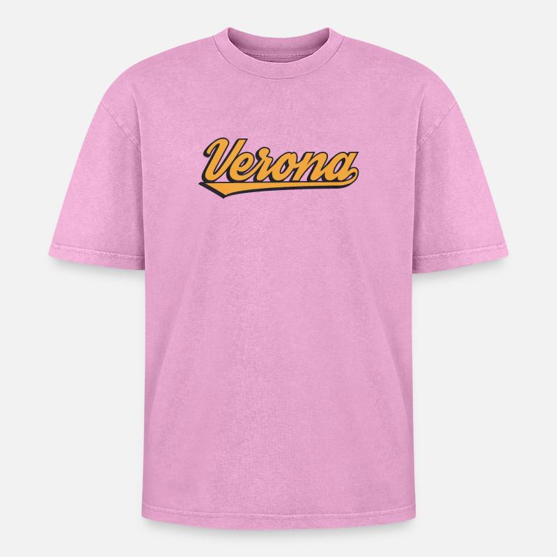 Verona Retro Script Logo - Oversized Unisex Premium Acid-Washed T-Shirt - acid washed pink