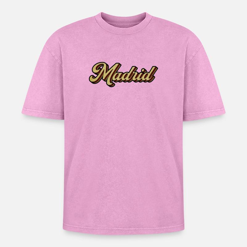Madrid Retro Striped Script - Oversized Unisex Premium Acid-Washed T-Shirt - Pink Acid Wash