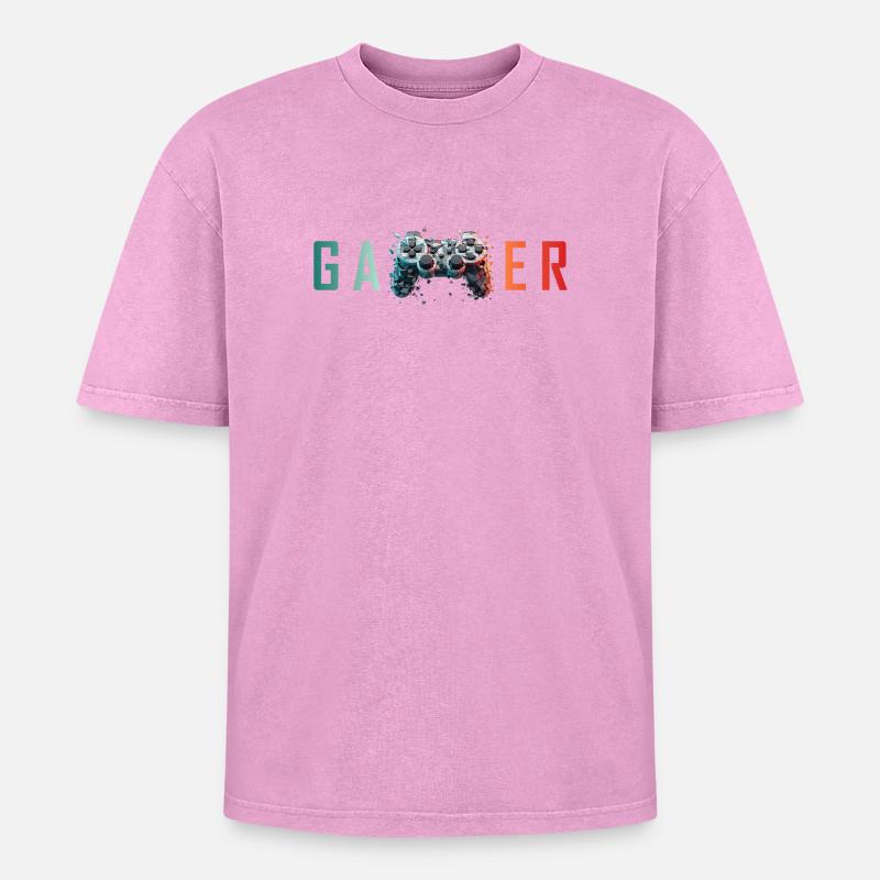 GAMER - Explosive Controller Design - Oversized Unisex Premium Acid-Washed T-Shirt - Pink Acid Wash