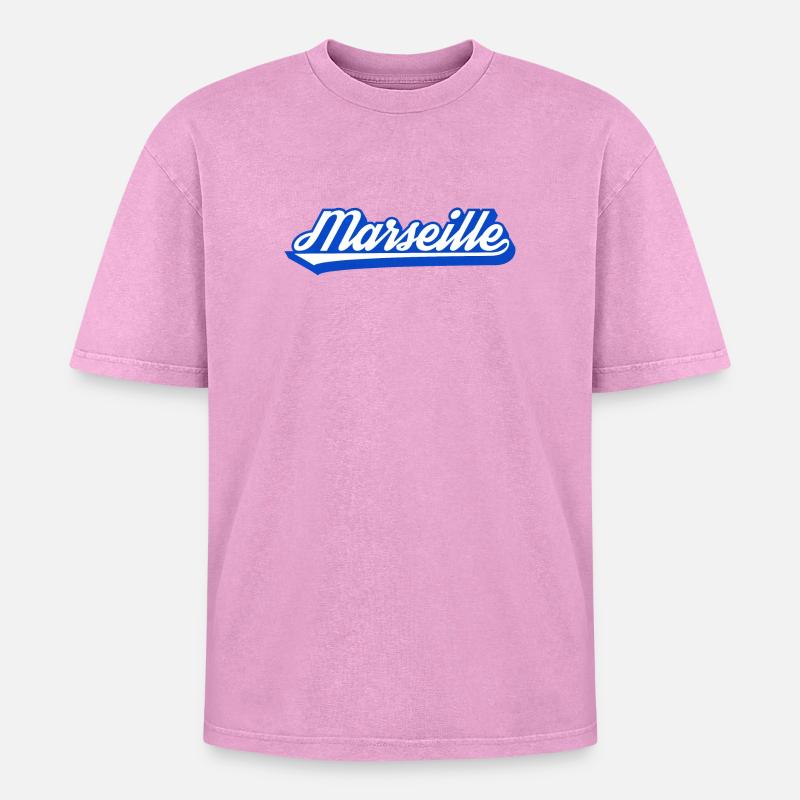 Marseille Retro Blue Script - Oversized Unisex Premium Acid-Washed T-Shirt - acid washed pink