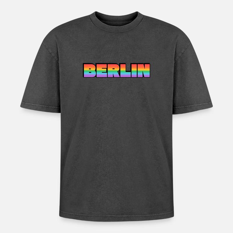 Berlin Rainbow Gradient Text LGBT - Oversized Unisex Premium Acid-Washed T-Shirt - undefined
