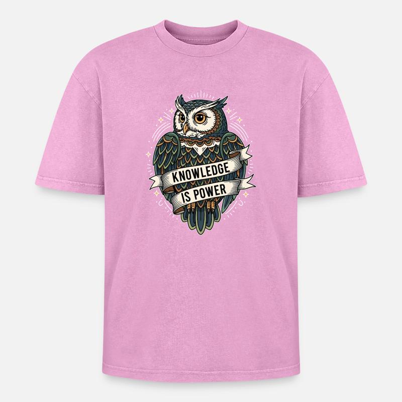Knowledge Is Power Eule - Oversized Unisex Premium Acid-Washed T-Shirt - Pink Acid Wash