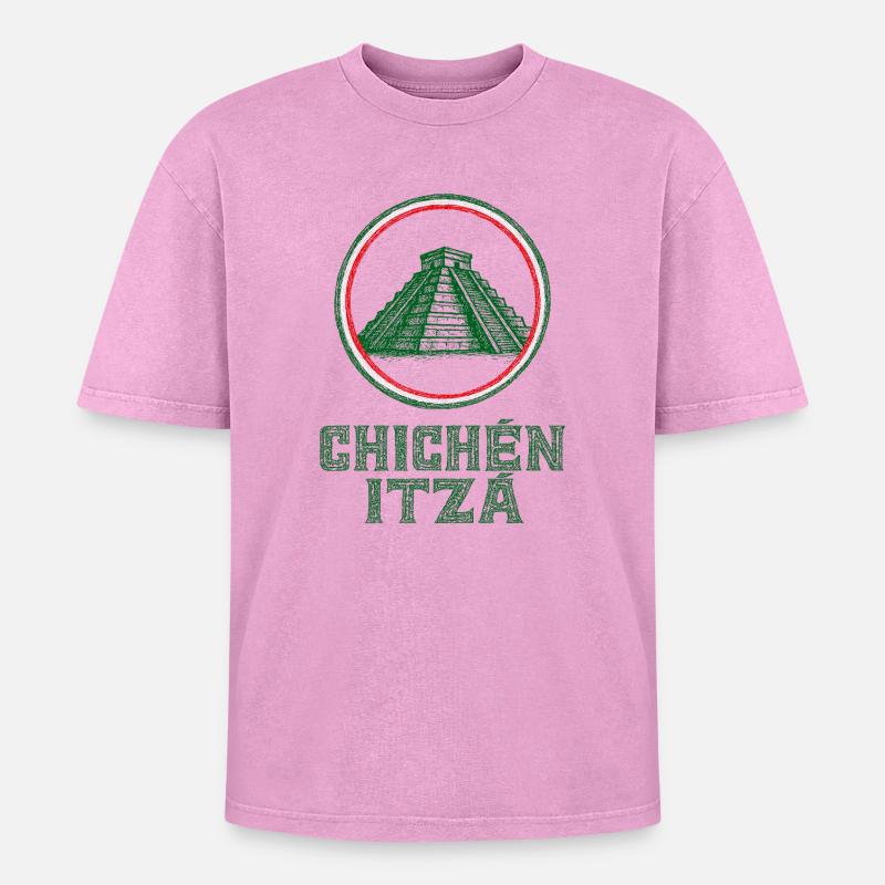 Chichen Itza Temple Flag Mexico - Oversized Unisex Premium Acid-Washed T-Shirt - acid washed pink