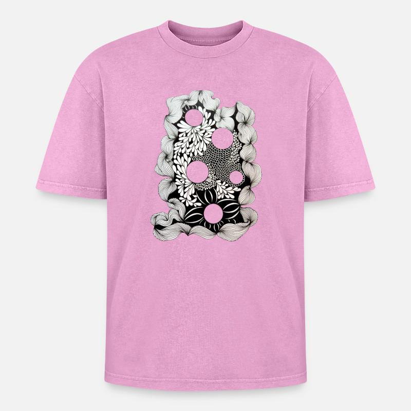 Black Flower Ring Pattern - Oversized Unisex Premium Acid-Washed T-Shirt - acid washed pink