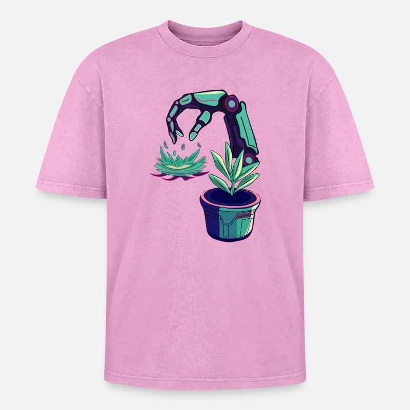Neon robots - Oversized Unisex Premium Acid-Washed T-Shirt - acid washed pink