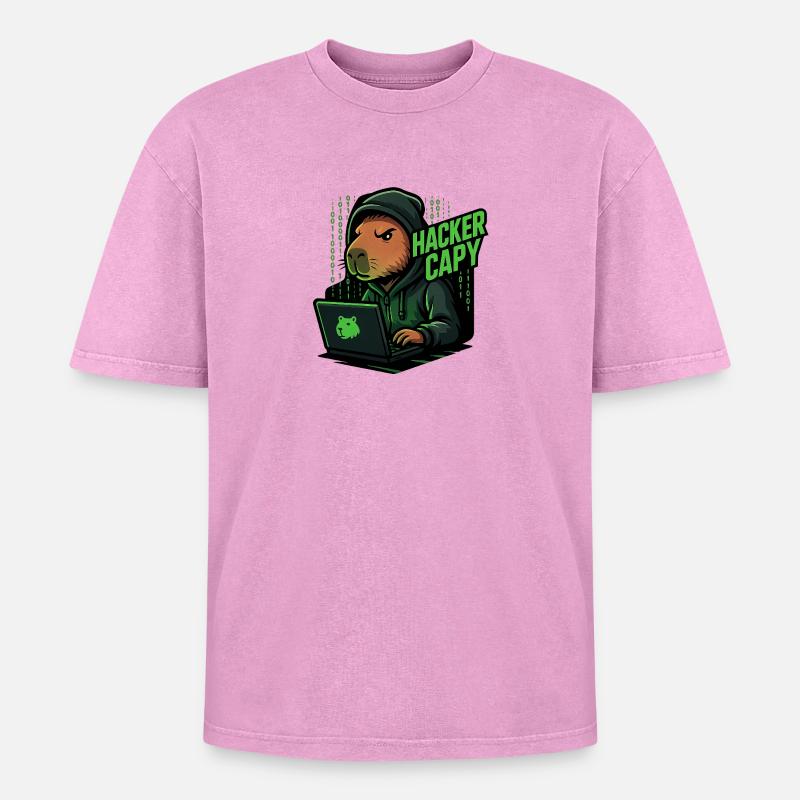 Hacker Capy – Cyber Capybara Tech  - Oversized Unisex Premium Acid-Washed T-Shirt - Pink Acid Wash