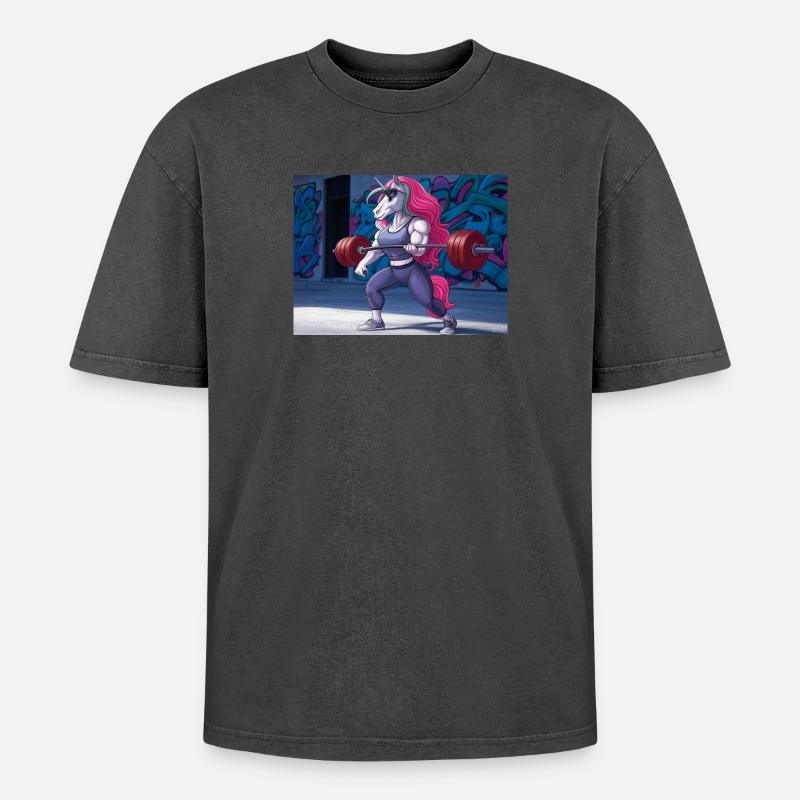 Kraftvolles Einhorn-Training - Oversized Unisex Premium Acid-Washed T-Shirt - Pink Acid Wash