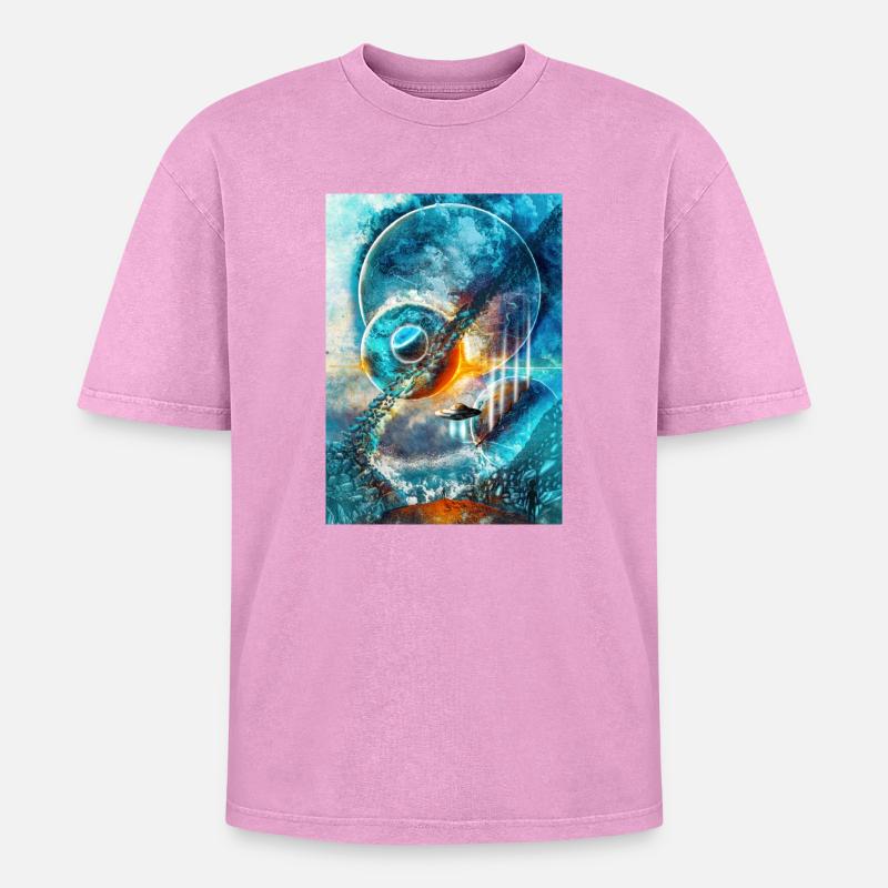Blue Space Ring with Fire - Oversized Unisex Premium Acid-Washed T-Shirt - acid washed pink