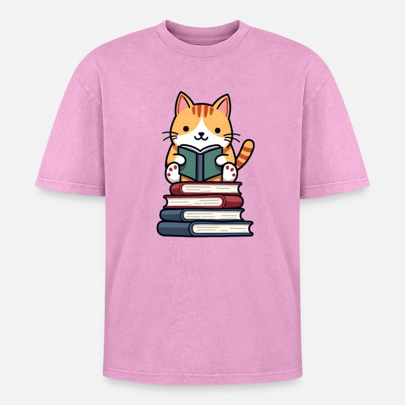 Katze liest ein Buch - Oversized Unisex Premium Acid-Washed T-Shirt - Pink Acid Wash
