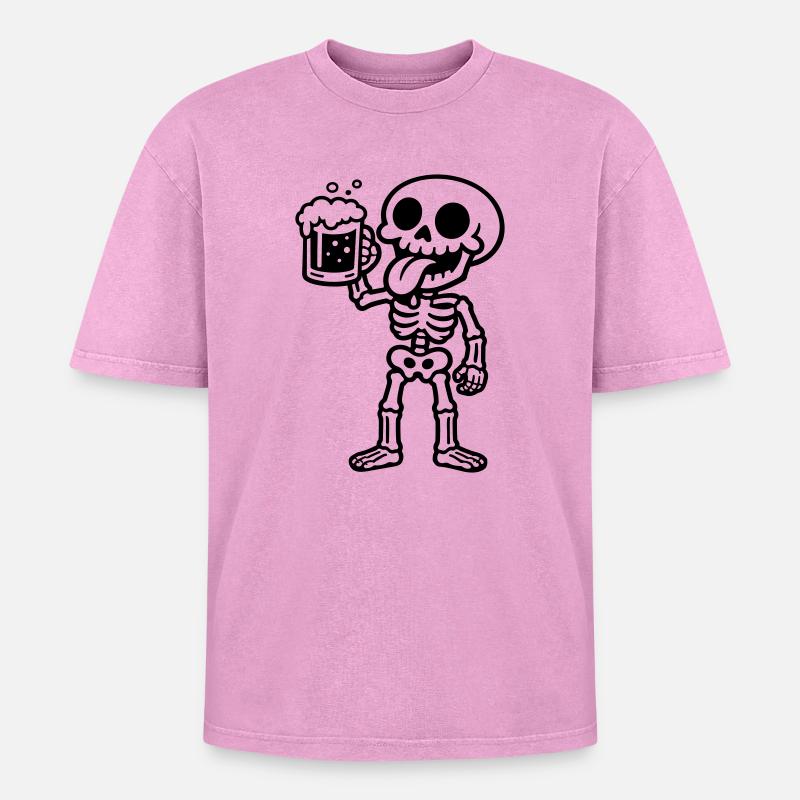 Skeleton Beer Comic - Oversized Unisex Premium Acid-Washed T-Shirt - acid washed pink