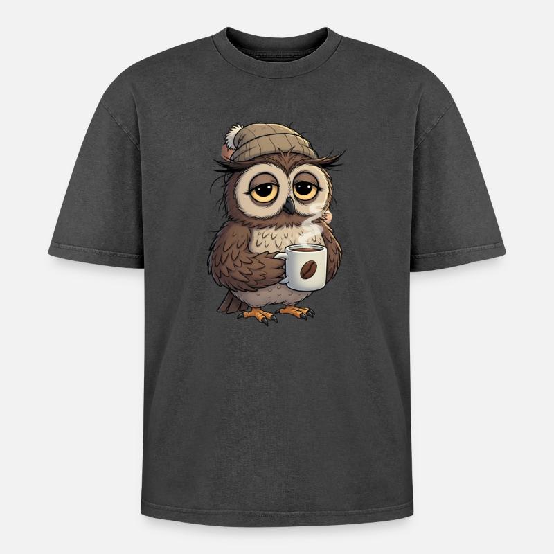 Verschlafene Eule Mit Kaffeetasse Cartoon - Oversized Unisex Premium Acid-Washed T-Shirt - undefined