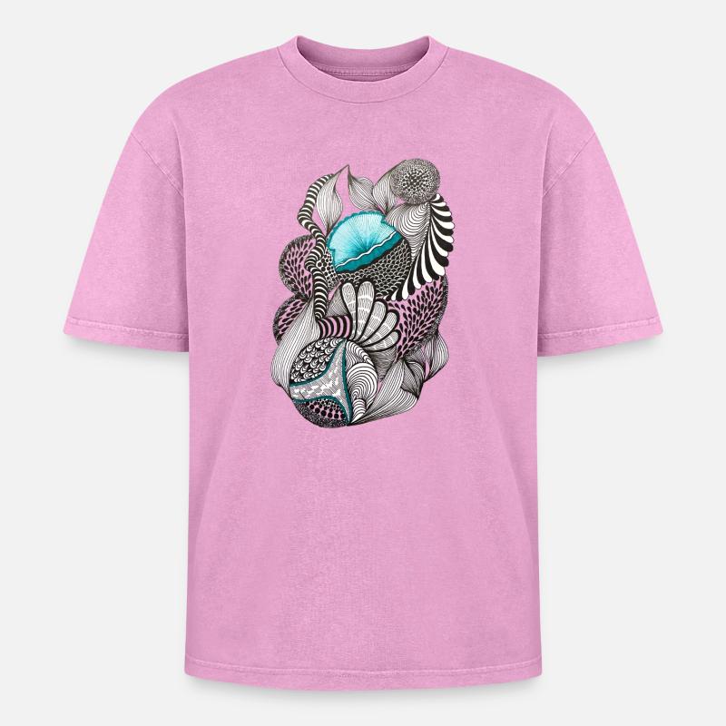 Oceanic Ink Patterns - Oversized Unisex Premium Acid-Washed T-Shirt - acid washed pink