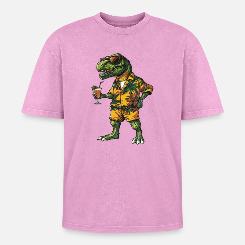 Dinosaur T-Rex Comic Summer - Oversized Unisex Premium Acid-Washed T-Shirt - acid washed pink
