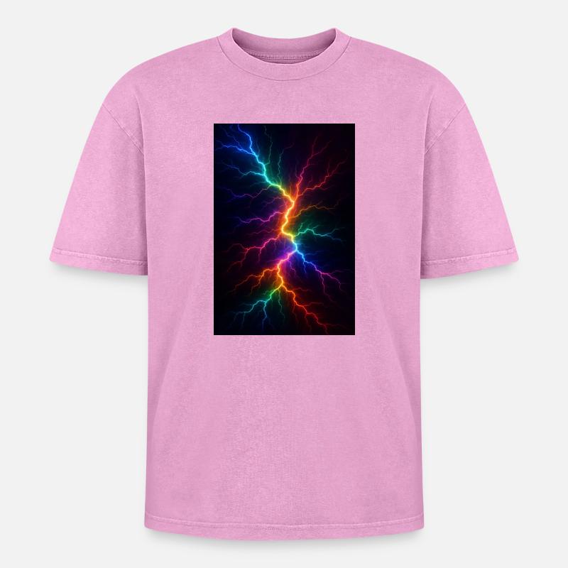 Rainbow Lightning Storm - Oversized Unisex Premium Acid-Washed T-Shirt - acid washed pink