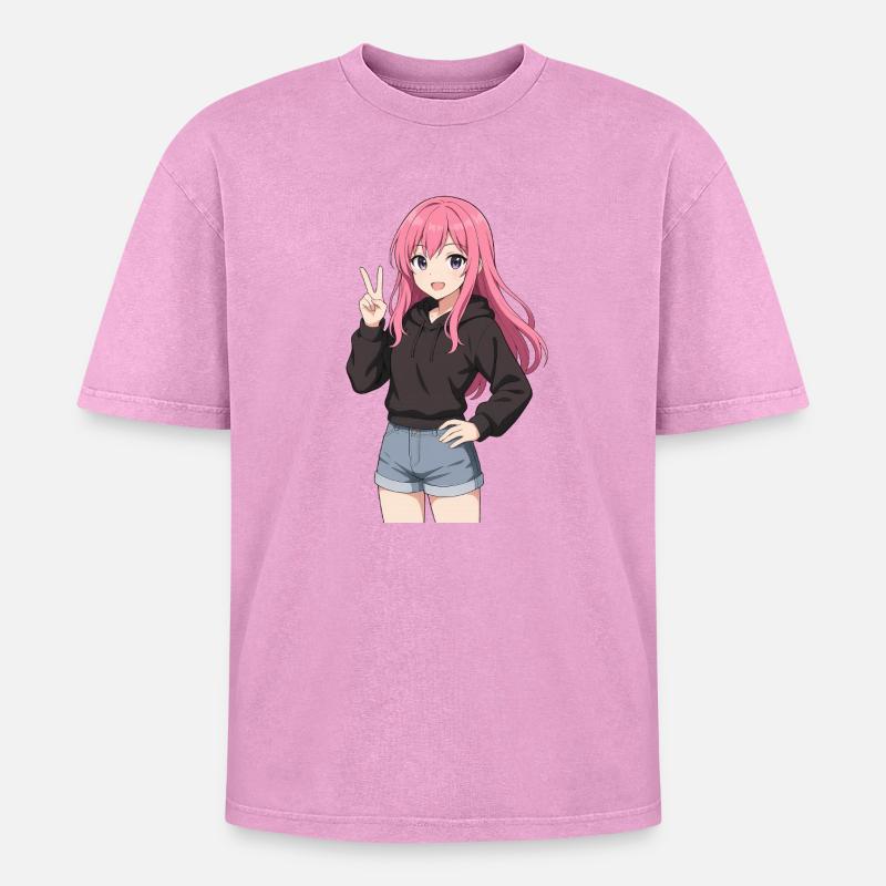 Anime-Mädchen mit rosa Kapuzenpullover - Oversized Unisex Premium Acid-Washed T-Shirt - Pink Acid Wash