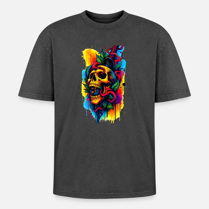 Bunter Totenschädel mit Messer und Blättern - Oversized Unisex Premium Acid-Washed T-Shirt - undefined