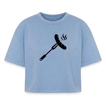 Sausage, bratwurst on a fork for BBQ - Boxy Women's Premium Acid Washed T-Shirt - acid washed blue - Front - AI Model Female 172 light (172cm)