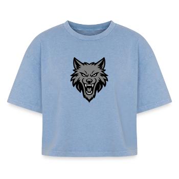 Wolf Kopf Logo - Boxy Frauen Premium Acid-Washed T-Shirt - Blau Acid Wash - Vorne - AI Model Female 172 light (172cm)