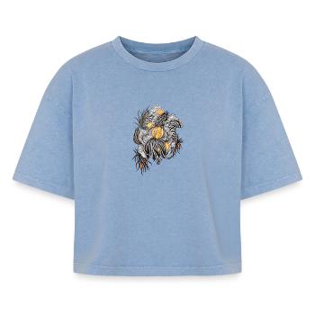 Noir Blossoms Accents d’orange - T-shirt femme boxy effet acid wash Premium - bleu délavé acide - Devant - AI Model Female 172 light (172cm)