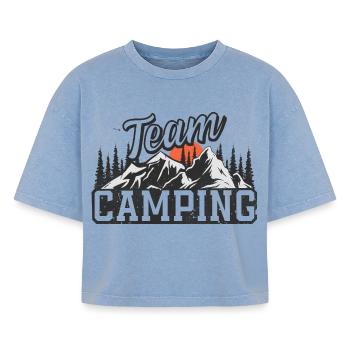 Équipe Camping - T-shirt femme boxy effet acid wash Premium - bleu délavé acide - Devant - AI Model Female 172 light (172cm)