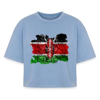 Kenia Vintage Flagge - Boxy Frauen Premium Acid-Washed T-Shirt - Blau Acid Wash - Vorne - AI Model Female 172 light (172cm)