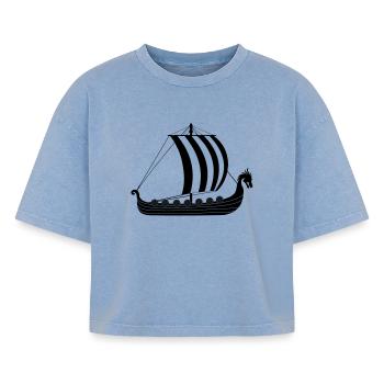 Vaisseau dragon viking - T-shirt femme boxy effet acid wash Premium - bleu délavé acide - Devant - AI Model Female 172 light (172cm)